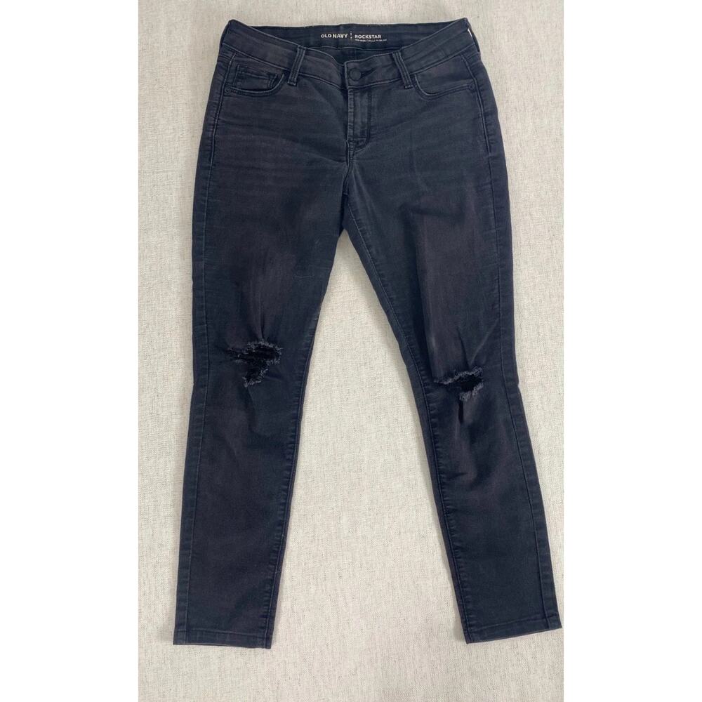 Old Navy Rockstar Jeans Womens 4P Black Stretch Mid Rise Distressed Pocket Denim
